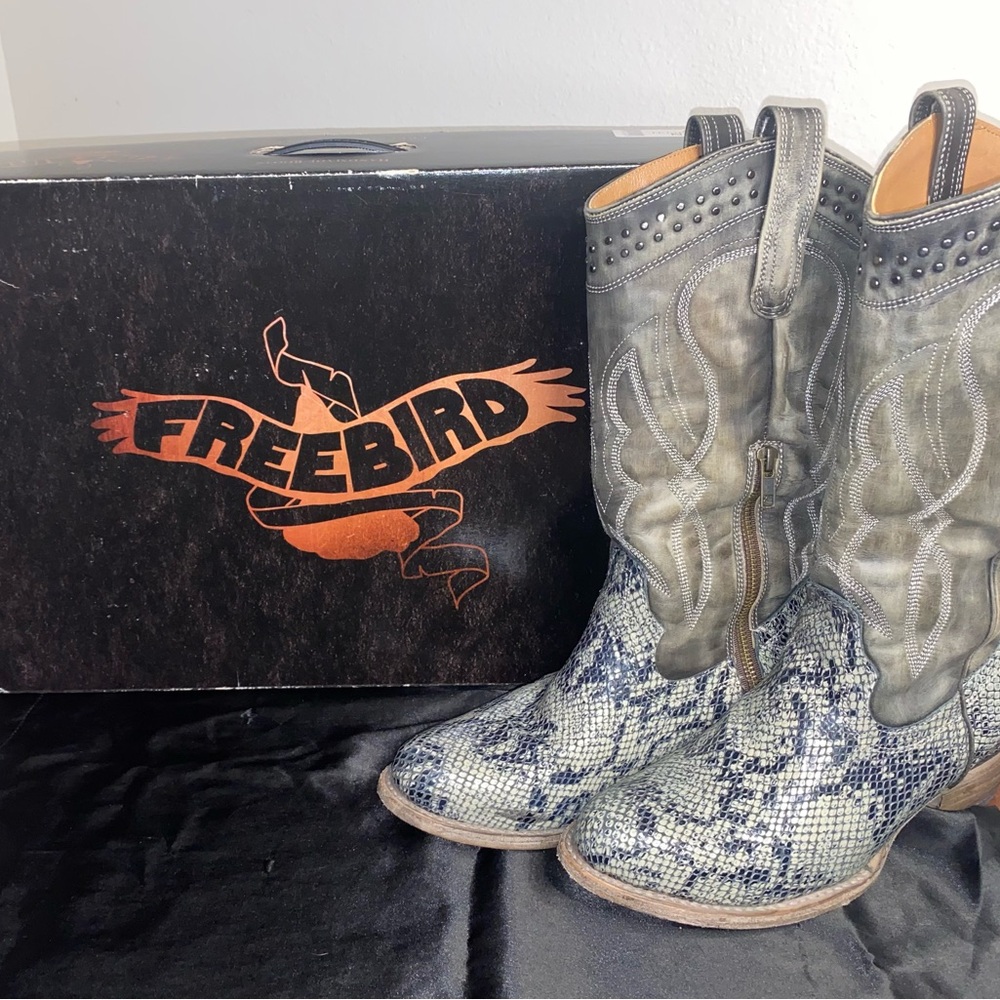 Freebird Gray and Blue Snakeskin Cowboy Boots